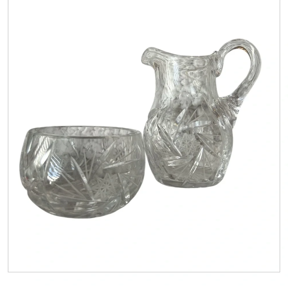 Vintage Crystal Glass Creamer Pitcher & Sugar Pot Pinwheel Star of David